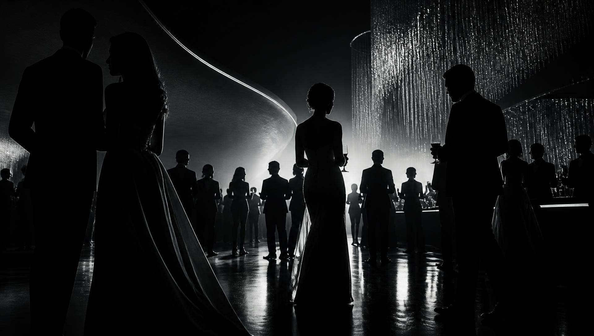 Elegant silhouettes of guests in tuxedos and evening gowns at a luxury gala